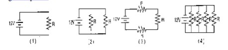 <p>Identical resistors (R) are connected across the same 12 V battery. Which circuit uses the \n greatest power?</p>