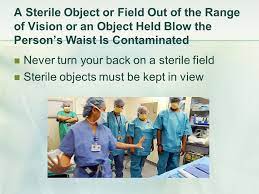 <p>What happens to a sterile field or object that is out of the range of vision or below a person's waist?</p>