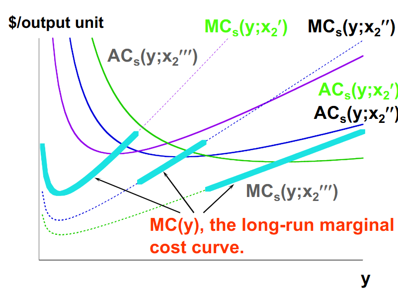 <p>The long run marginal cost curve is Mutiple short run marginal cost curves that don’t intersect because marginal costs will be different in every short run.</p>