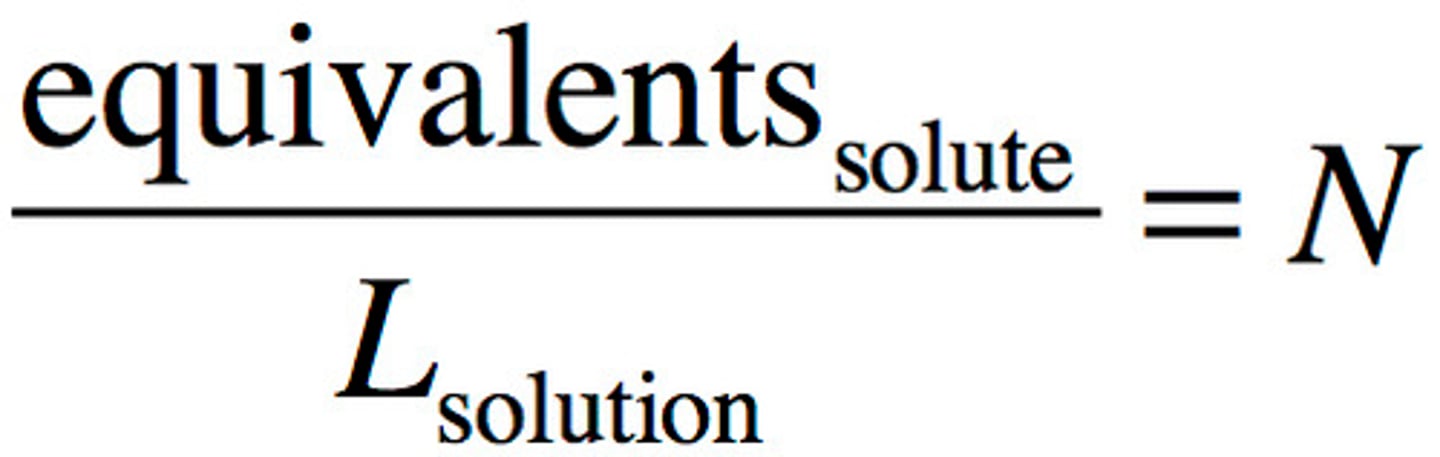 <p>equivalent of solute per liter of solution, often denoted by N.</p><p>1 N of HCl is 1 M HCl, but 1 N of H2CO3 is 0.5 M H2CO3 because it is diprotic. Molarity=Normality/n, where n is the number of equivalents of thing of interest a molecule produces.</p>