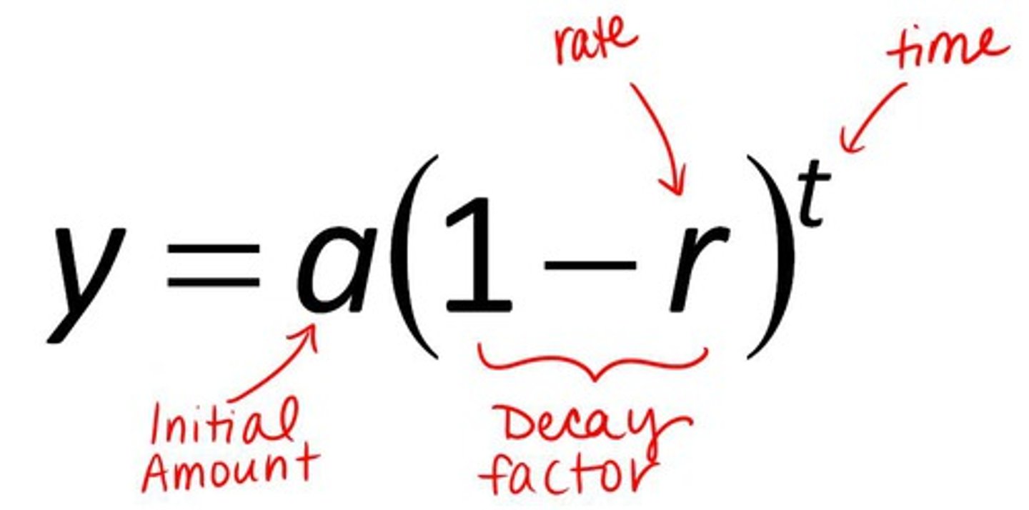 <p>f(x) = a(1-r)^t</p><p>a = initial amount</p><p>r- rate of growth in decimal</p><p>t- time</p>