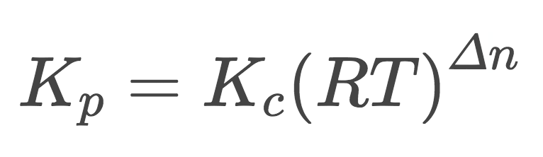 <ol><li><p>Kp=Kc((RT)^Δn)</p></li><li><p>Δn=ΣP(being the Σ of the coefficients)-ΣR(being the Σ of the coefficients)</p></li><li><p>The R stands for the universal gas constant: 0.08206 Latm/molK</p></li><li><p>The T stands for absolute temperature (k)</p></li></ol>