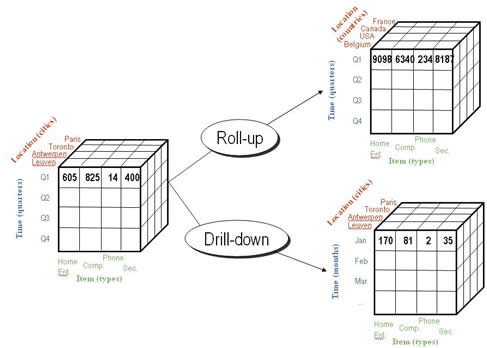 <p>Part of OLAP operations; exclusively only shifts the view of the data</p><ul><li><p>______ Down: Provides more detail</p></li><li><p>_______ Up: Provides summarized data</p></li><li><p>Rolling Up: Provides summarized data but also <span><span>collapses the data from multiple items into a single value</span></span></p></li></ul><p></p>