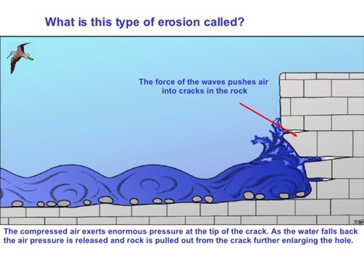 <p>as a wave crashes onto a rock/cliff face air is forced into cracks within the rock. The high pressure causes the cracks to force apart and widen, when the wave retreats air expands. Over time this causes the rock to fracture</p>