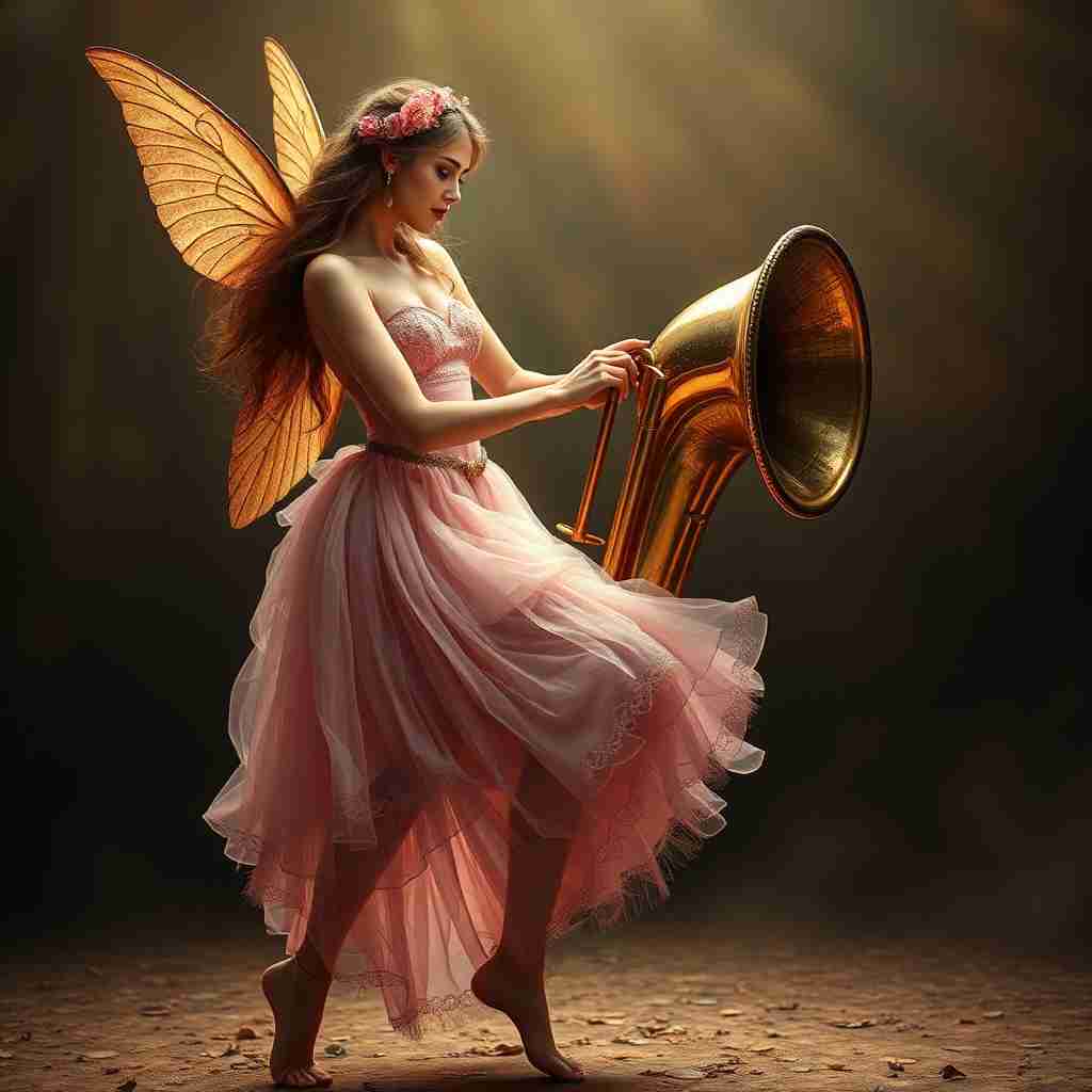 <p>Tinker Bell rubbing a tuba(tuba)</p>