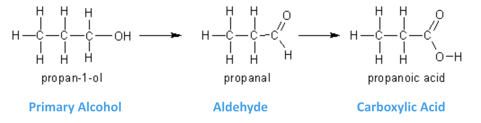 <p>aldehydes (which can be further oxidised to carboxylic acids) </p>