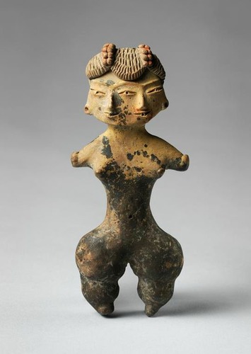 <p>-Central Mexico, site of Tlatilco -1,200-900 B.C.E -Ceramic -2 faces and connected bodies were common on these figurines</p>