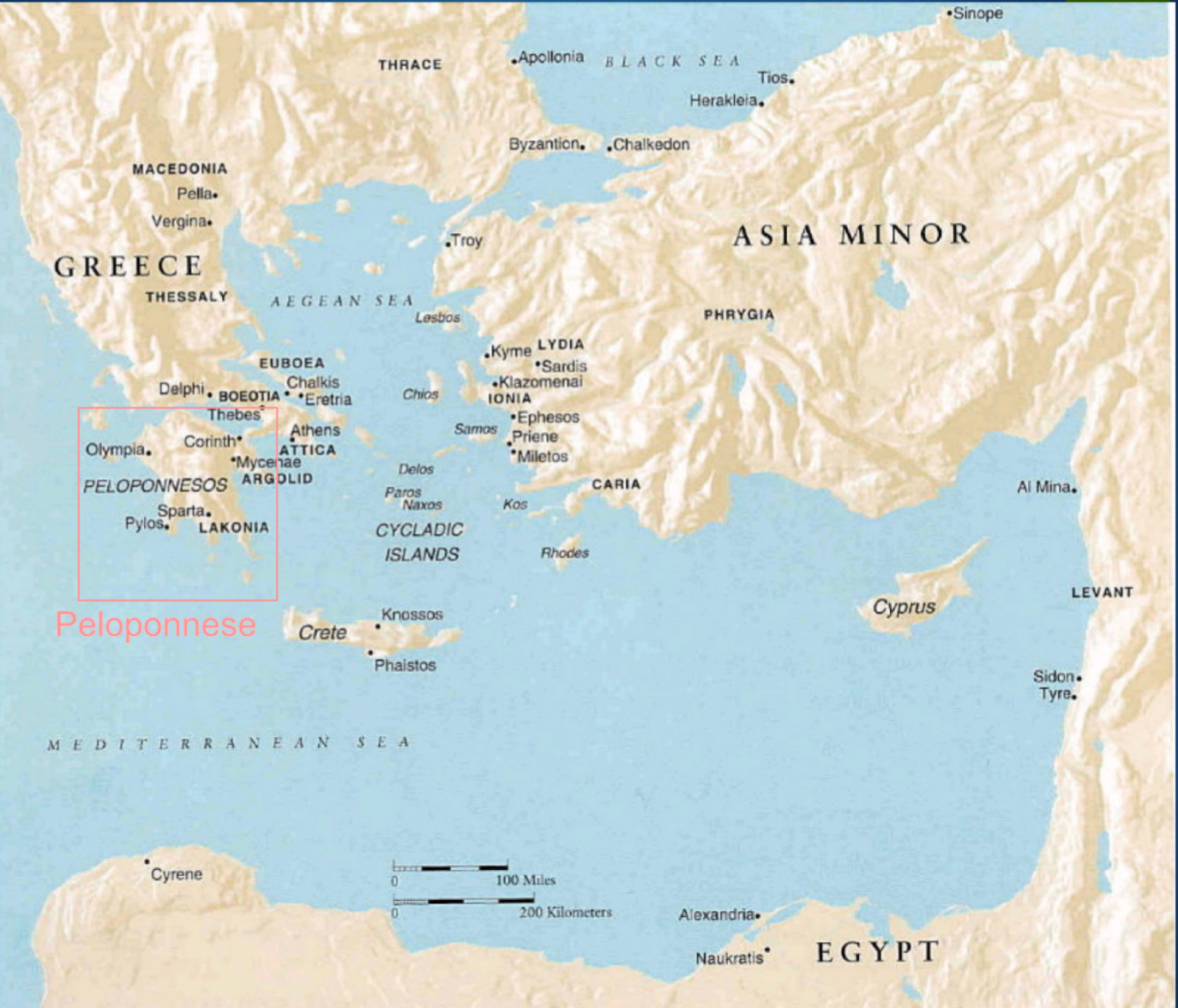 <ol><li><p>Northern Greece </p></li><li><p>Central Greece </p></li><li><p>Southern Greece = the Peloponnese </p><p>a. = “the island (nesos) of Pelops (a mythic Greek hero)”</p></li></ol>