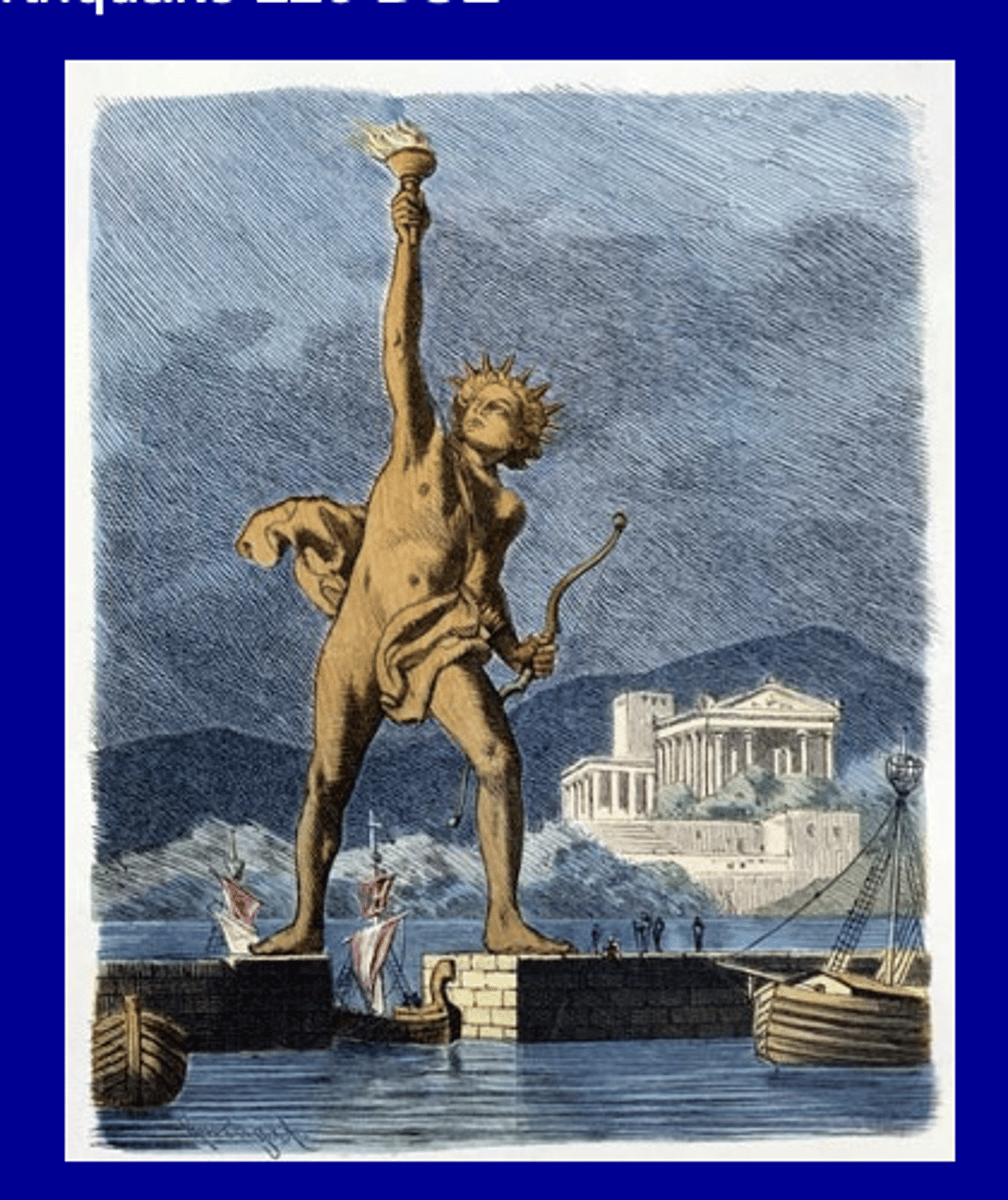 <p>massive bronze statue (more than 100 ft tall) of Helios, ca. 290 BCE by Chares of Lindos. inscriptions note the raised arm, may have held fire, wore crown with the rays of the sun. Statue no longer exists. earthquake in 266 BCE, statue fell and was slowly picked apart until 7th century. one of the 7 wonders of the Ancient World</p>