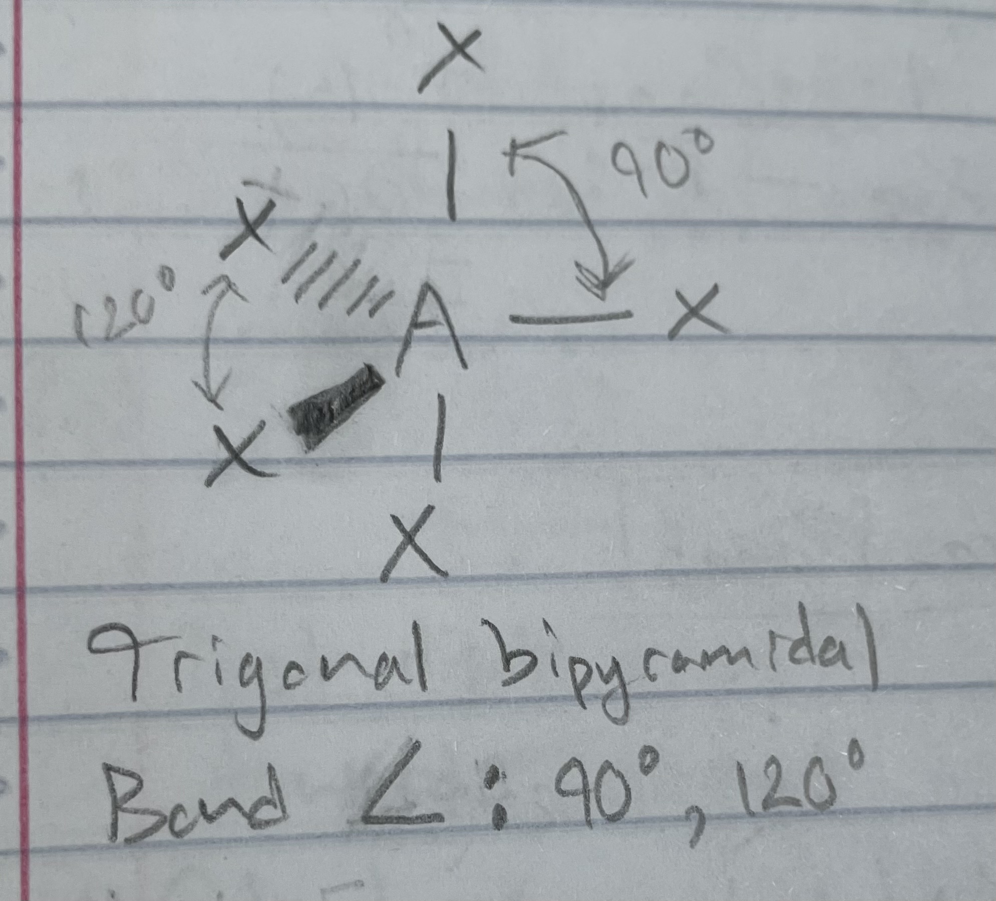 <p>Trigonal bipyramidal</p><p>Angle: 90, 120</p>