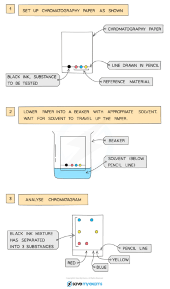 <p>First, set up the paper with your substance on the drawn in paper line at the bottom of the page. Then lower the beaker (below the pencil line) with the paper in the appropriate solvent and wait for the solvent to travel up that paper. Analyze chromatogram.</p>