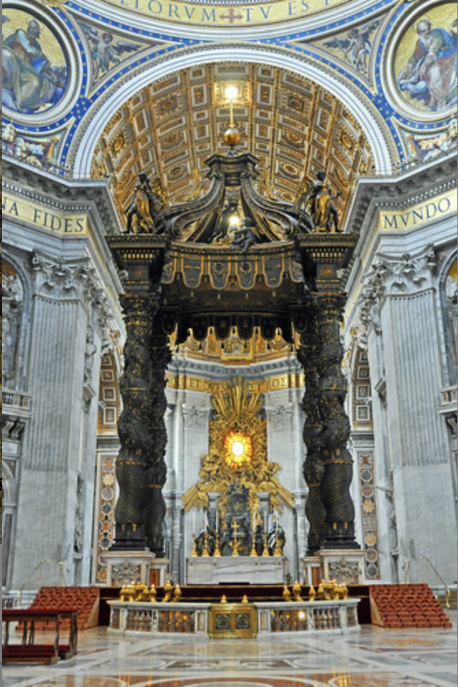 * Marks resting place of St. Peter
* Black and gold in the columns suggest movement, almost change as the viewer walks towards them and the light reflects off of them
  * Example of how counter reformation catholic art created a kind of spectacle and had theatricality