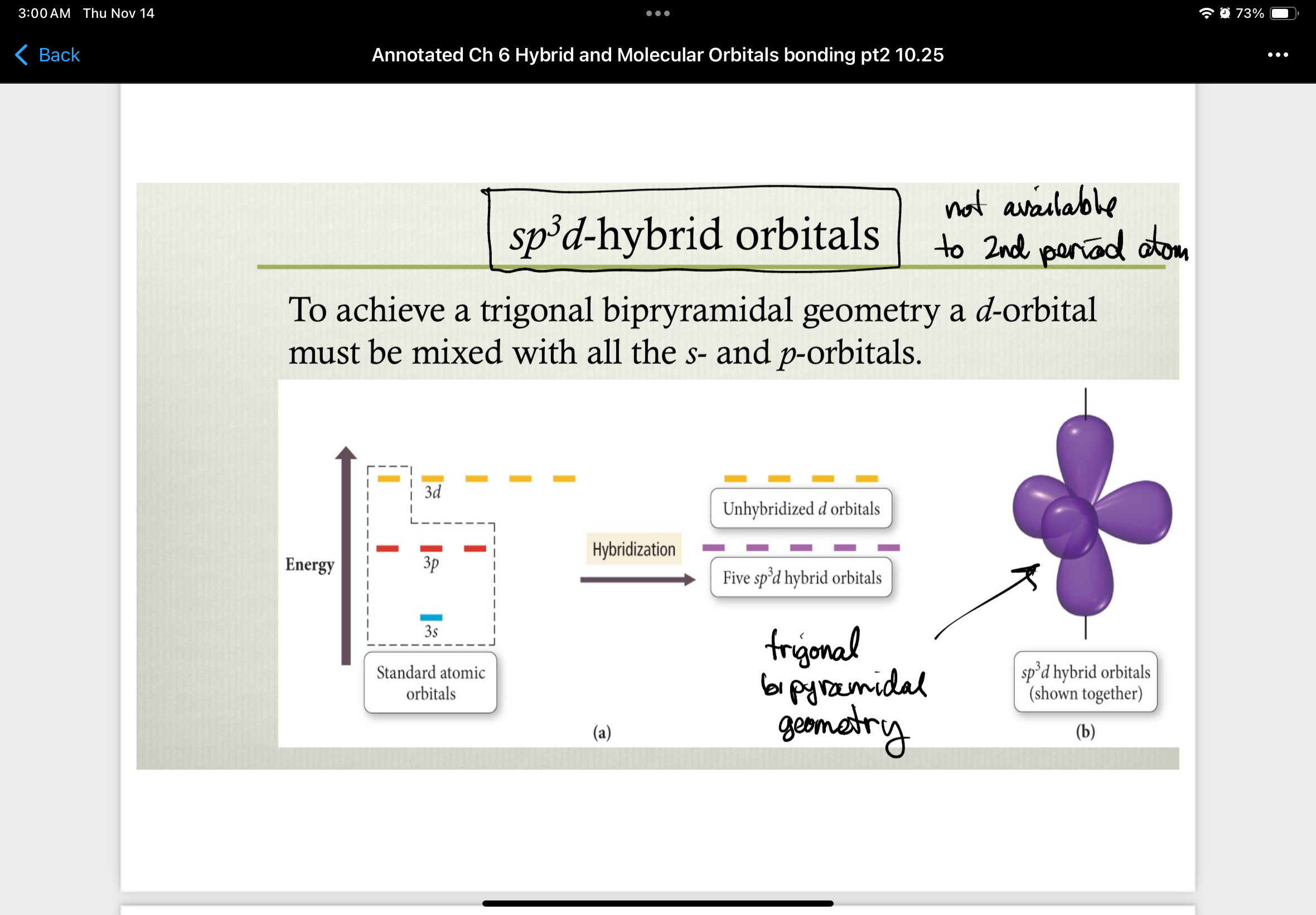 <ul><li><p>to achieve trigonal bipyramidal geometry a d-orbital must be mixed with all the s- and p- orbitals</p></li><li><p>not available to 2nd period atom </p></li></ul><p></p>