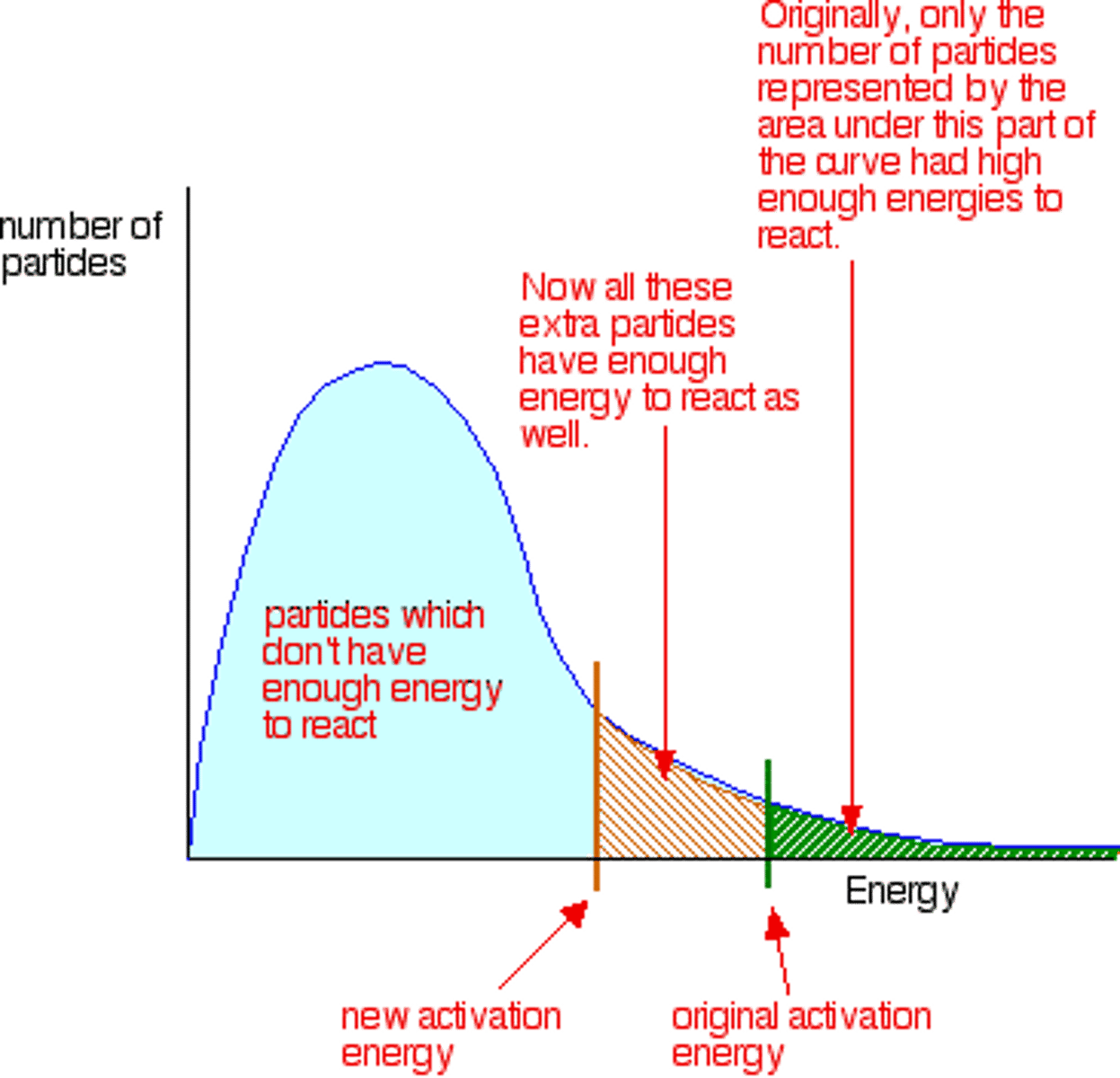 <p>increase rate because (activation energy is reduced) there is an increase in the proportion of particles with the kinetic energy equal to the activation energy so the frequency of successful collisions increases.</p>