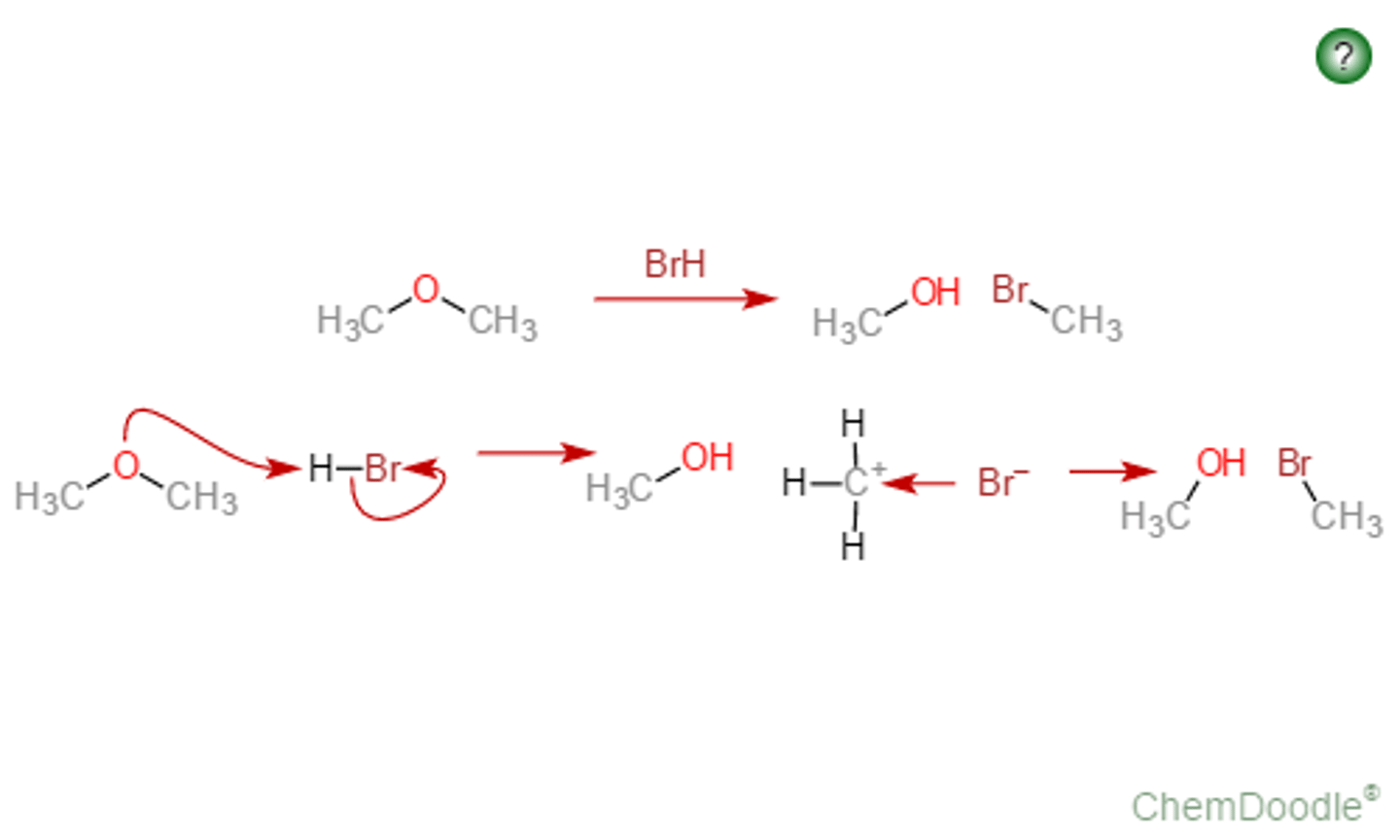 <p>Produces an alcohol and an alkyl halide</p><p>1º reacts via SN2 mechanism</p><p>2º and 3º react via SN2 mechanisms</p><p>the alcohol reacts further with the HX to form another molecule of alkyl halide</p>