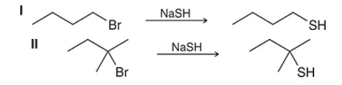 <p>Which is the faster reaction and why?</p><p>I is faster because it has a better nucleophile.</p><p>I is faster because it has less steric hindrance.</p><p>II is faster because it has the better leaving group.</p><p>II is faster because it has the more stable carbocation.</p>