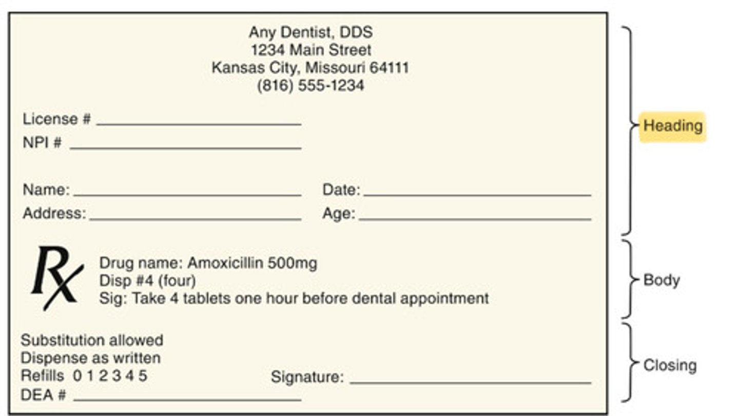 <p>- Name, address, &amp; telephone number of the prescriber</p><p>- Patient's name, address, telephone, &amp; age</p><p>- Date of prescription</p>