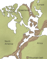 <ul><li><p>Caledonian Orogeny → 400 mya, formed continuous mountain belt</p></li><li><p>Fold and thrust belt → Intense deformation (metamorphism and igneous intrusions</p></li></ul><p></p>