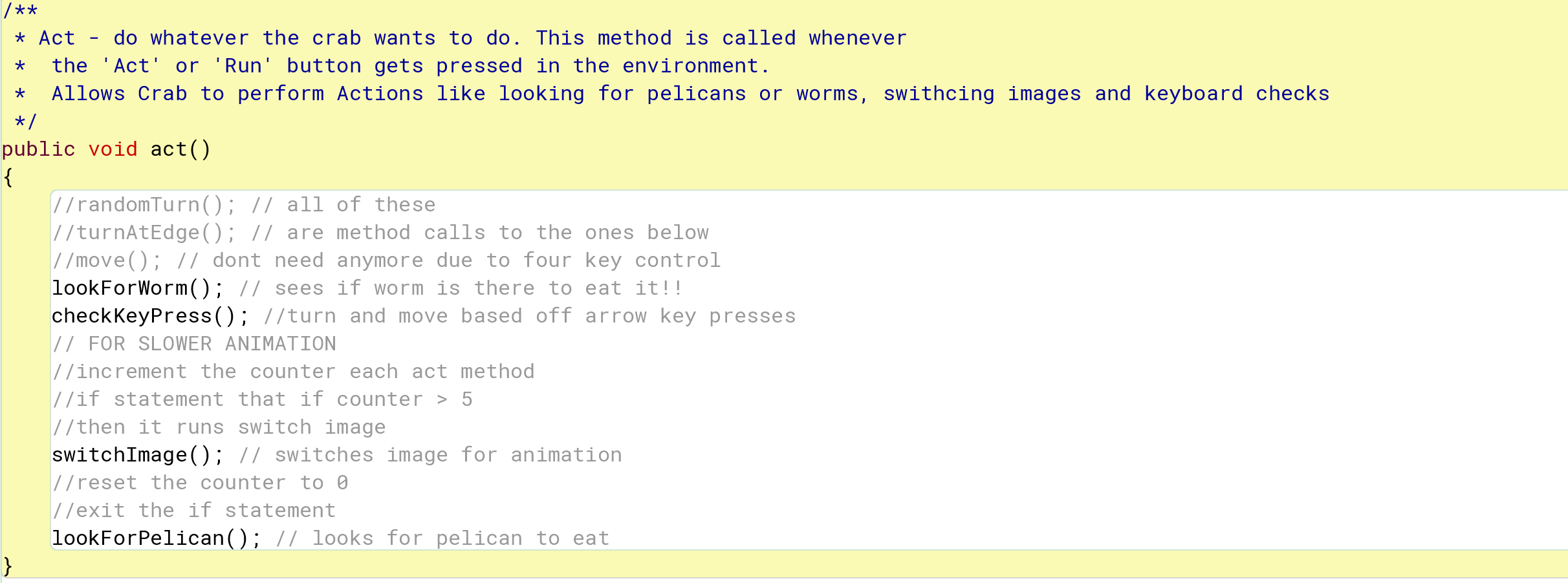 <p>Void means that no information is returned when it is invoked, they just carry out their action and then stop. </p><p>Methods with void return types are like commands, invoke turn left, and the wombat will turn left. ACTIONS </p><p>Methods without return types are usually just commands to the objects that make it do something</p>
