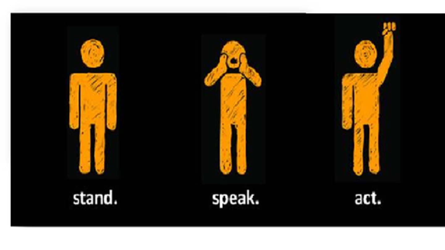 <p>Someone who takes action to stop bullying behavior or other inappropriate behavior.</p>