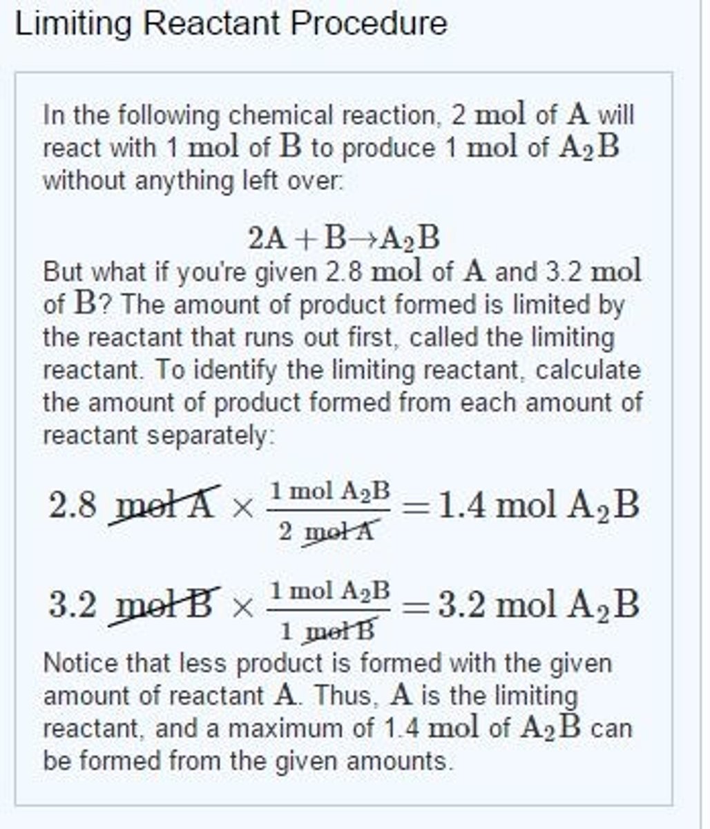 <p>the reactant that limits the amount of the other reactant that can combine and the amount of product that can form in a chemical reaction</p>