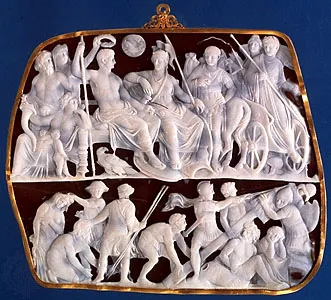 <p><span>Intricately carved cameo showing Augustus as Jupiter-like figure, symbolizing victory and divinity</span></p><p><span>Seated next to Roma</span></p>