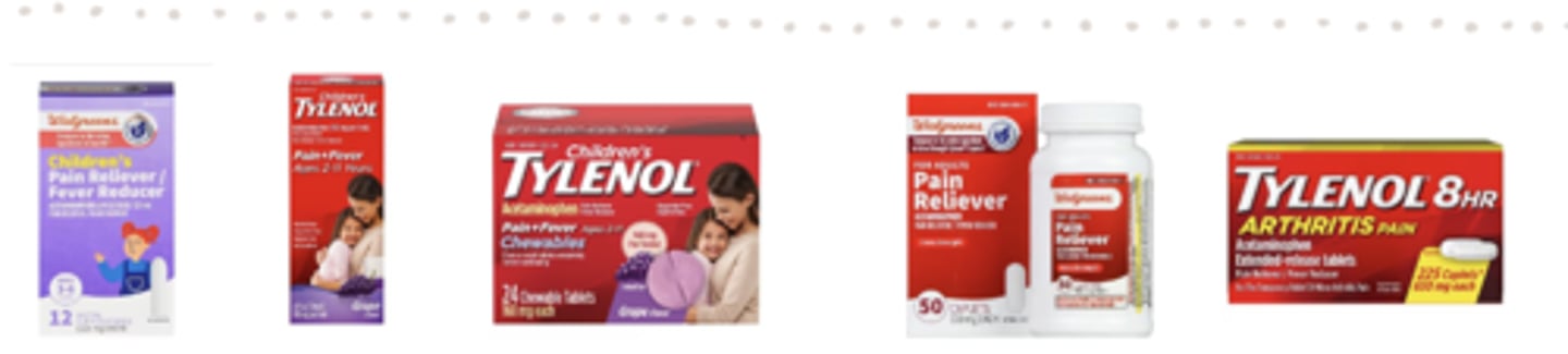 <p>• 325 mg, 500 mg (extra strength), 650 mg (ER, arthritis), 500mg/5ml liquid</p><p>• for children: liquid 160 mg/5ml, 160 mg chewable tablets, 80 mg and 120 mg suppositories</p>