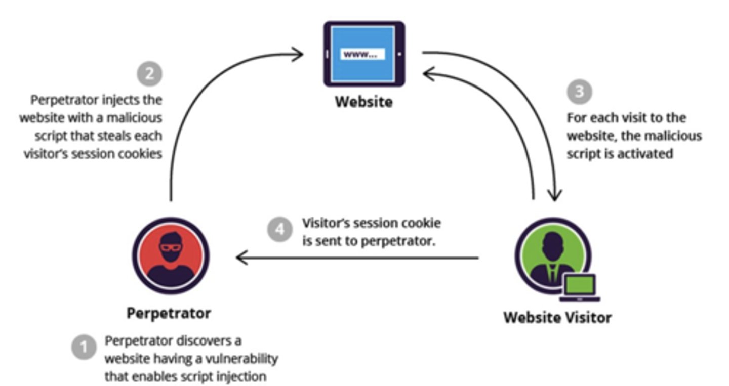<p>An application vulnerability where malicious code is injected into a website.</p><p>E.g., this can trigger compromising user accounts, activating Trojan horses, misleading users into revealing private data, and stealing session cookies to impersonate users.</p>