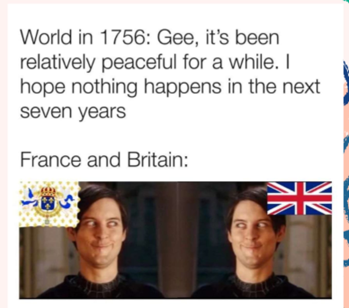 <p>A race for colonies<br>- France - Canada<br>- Britain - East coast<br>- Spain - Louisianna<br><br>Britain and France in a global struggle<br>- French and Indian War (part of 7 years war) <br>- French + Indians (L) vs British (W)<br>- Treaty of Paris 1763 <br>- Ended 7 years war<br>- British is top dog in North America</p>