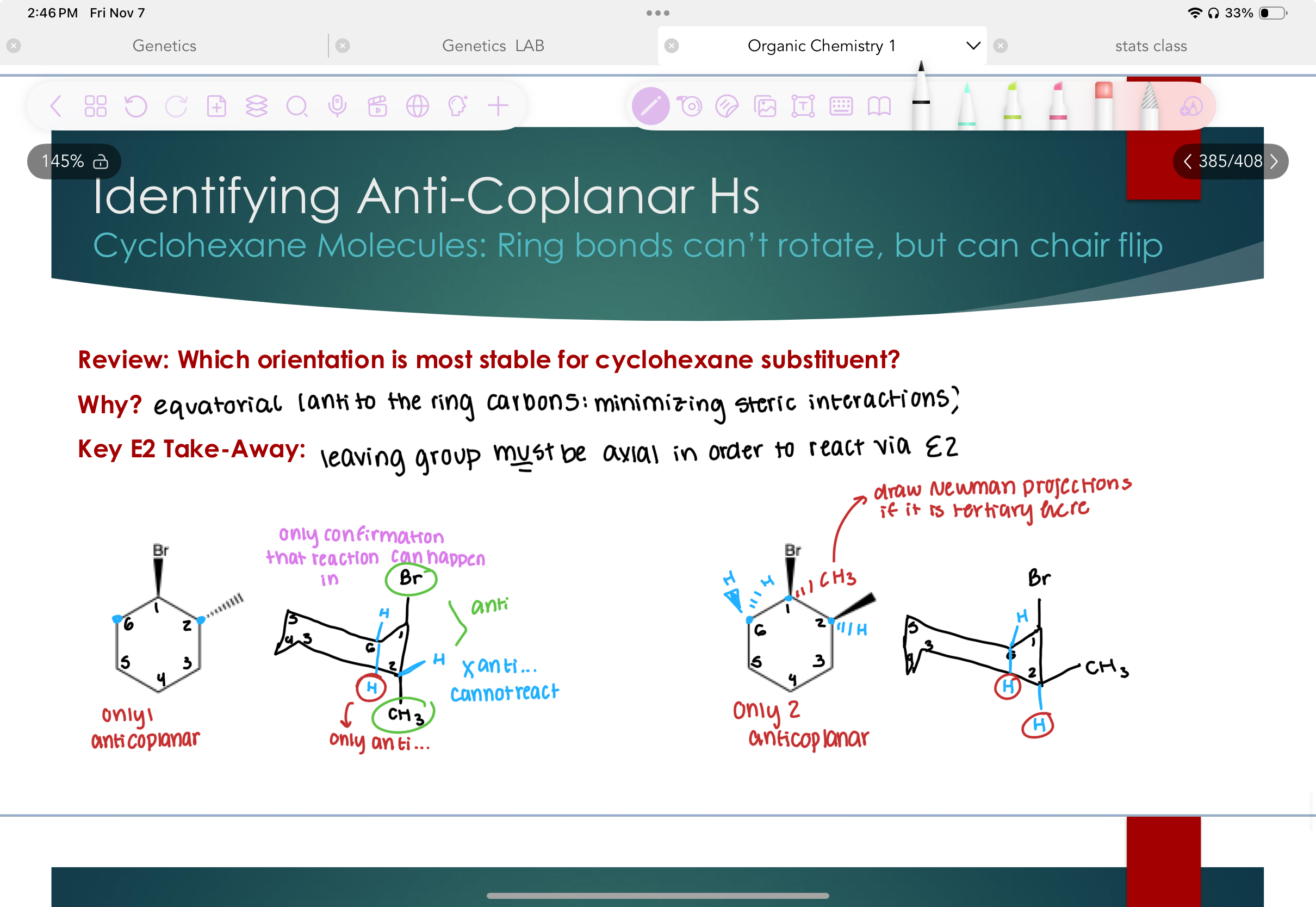 <p>Look at chair flip!!<br>Eq is more stable, because there is more space and it minimizes steric interactions.&nbsp;</p><p><strong>LG MUST be axial in order to react via E2.</strong></p>