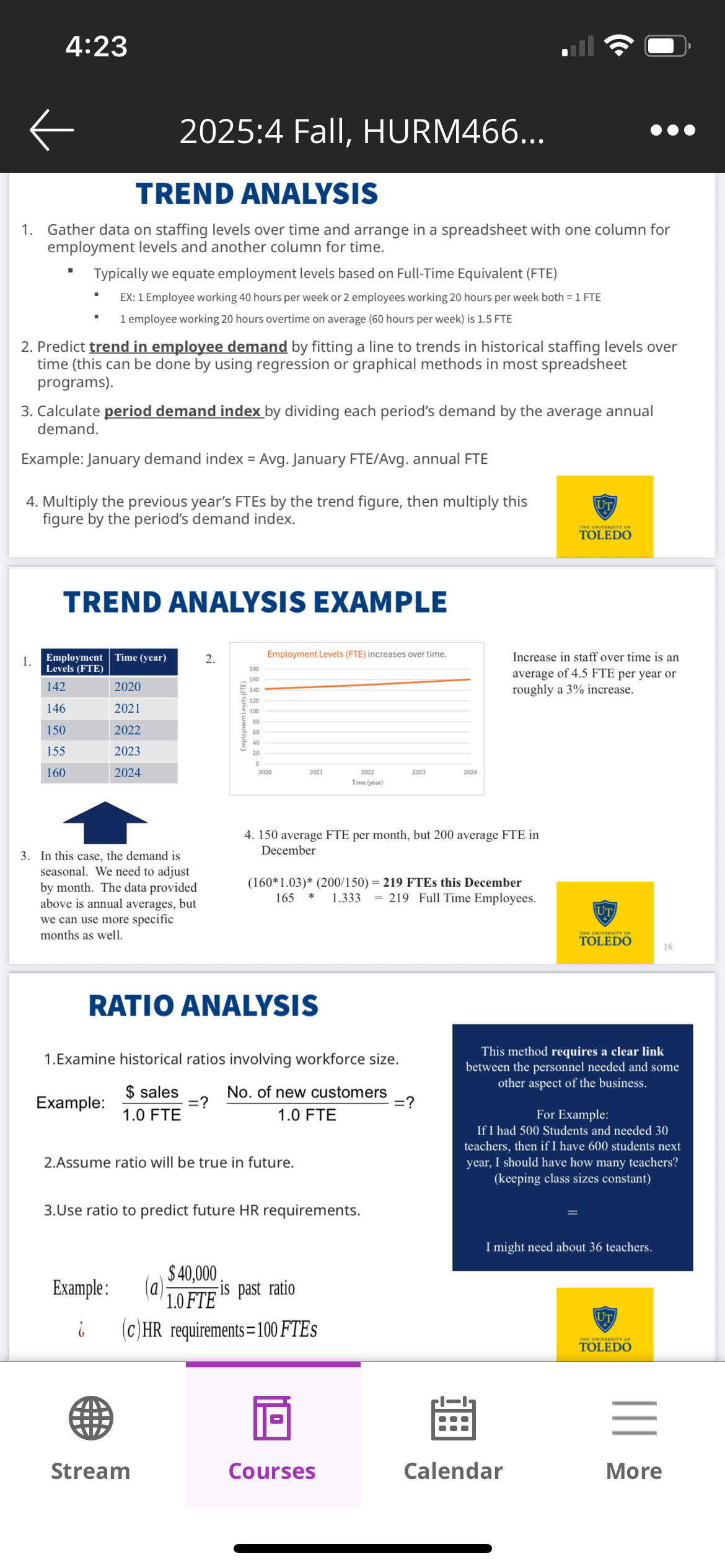 <p>1. Examine historical ratios involving workforce size.</p><p>Example:</p><p>$ sales/1.0FTE=</p><p>No. of new customers/1.0 FTE</p><ol><li><p>﻿﻿Assume ratio will be true in future.</p></li><li><p>﻿﻿Use ratio to predict future HR requirements.</p></li></ol><p>Example:</p><p>$ 40,000/ 1.0 FTE is past ratio</p><p>(c)HR requirements= 100 FTEs</p><p></p><p><span>This method requires a clear link between the personnel needed and some other aspect of the business.</span></p><p><span>For Example:</span></p><p><span>If I had 500 Students and needed 30 teachers, then if I have 600 students next year, I should have how many teachers?</span></p><p><span>(keeping class sizes constant)</span></p><p><span>I might need about 36 teachers.</span></p><p></p>