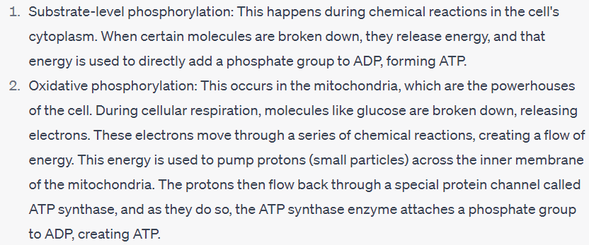 <ul><li><p>when cells need energy they break down ATP into ADP and inorganic Phosphate (Pi) which releases energy</p></li><li><p>ATP is synthesised via substrate-level phosphorylation and oxidative phosphorylation</p></li></ul>