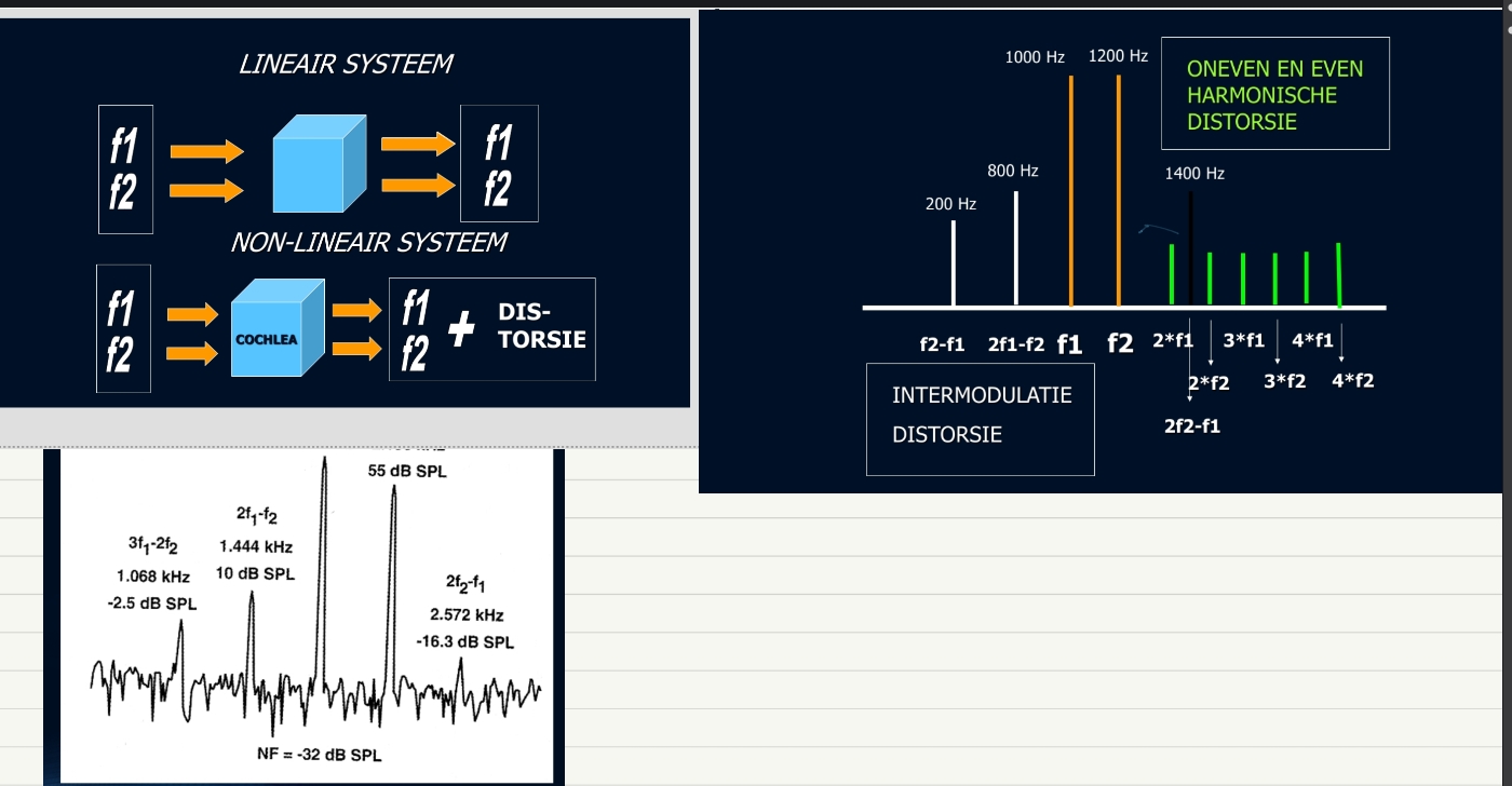 <p>lineair systeem = niet biologisch</p><p>non lineair systeem = biologisch (niet rechtevenredig met input → bijkomende frequenties = distorsies</p><p>soorten distorsies</p><ul><li><p><strong>Harmonische distorsie</strong> voegt extra frequenties toe die veelvouden zijn van de basisfrequentie.</p><ul><li><p class=""><strong>= Resonantiefenomeen</strong> versterkt specifieke tonen wanneer een systeem met een bepaalde frequentie resoneert</p></li></ul></li><li><p class=""><strong>Intermodulatie</strong> creëert nieuwe, ongewenste tonen door combinaties van bestaande tonen.</p><ul><li><p class="">De <strong>sterkste toon</strong> die het menselijk oor waarneemt, is vaak het resultaat van intermodulatie en volgt de formule <strong>2f1 - f2</strong></p></li></ul></li></ul><p></p>
