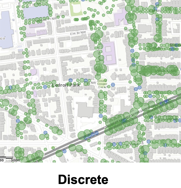 <p>Independent numbers, abrupt boundaries </p><p>categorical/discontinuous data, represents objects within distinct boundaries like buildings, roads, lakes </p>
