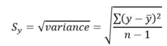 <p>measures how far, on average, each value differs from the mean</p><ul><li><p>Sy = square root of variance</p></li></ul><p></p>