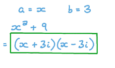 <p>a²+b² = (a+bi)(a-bi)</p><ul><li><p><strong>DO NOT FORGET TO ADD ‘i’  to b when you are factoring <em>sums of two perfect squares</em></strong><em>!!!</em></p></li></ul>