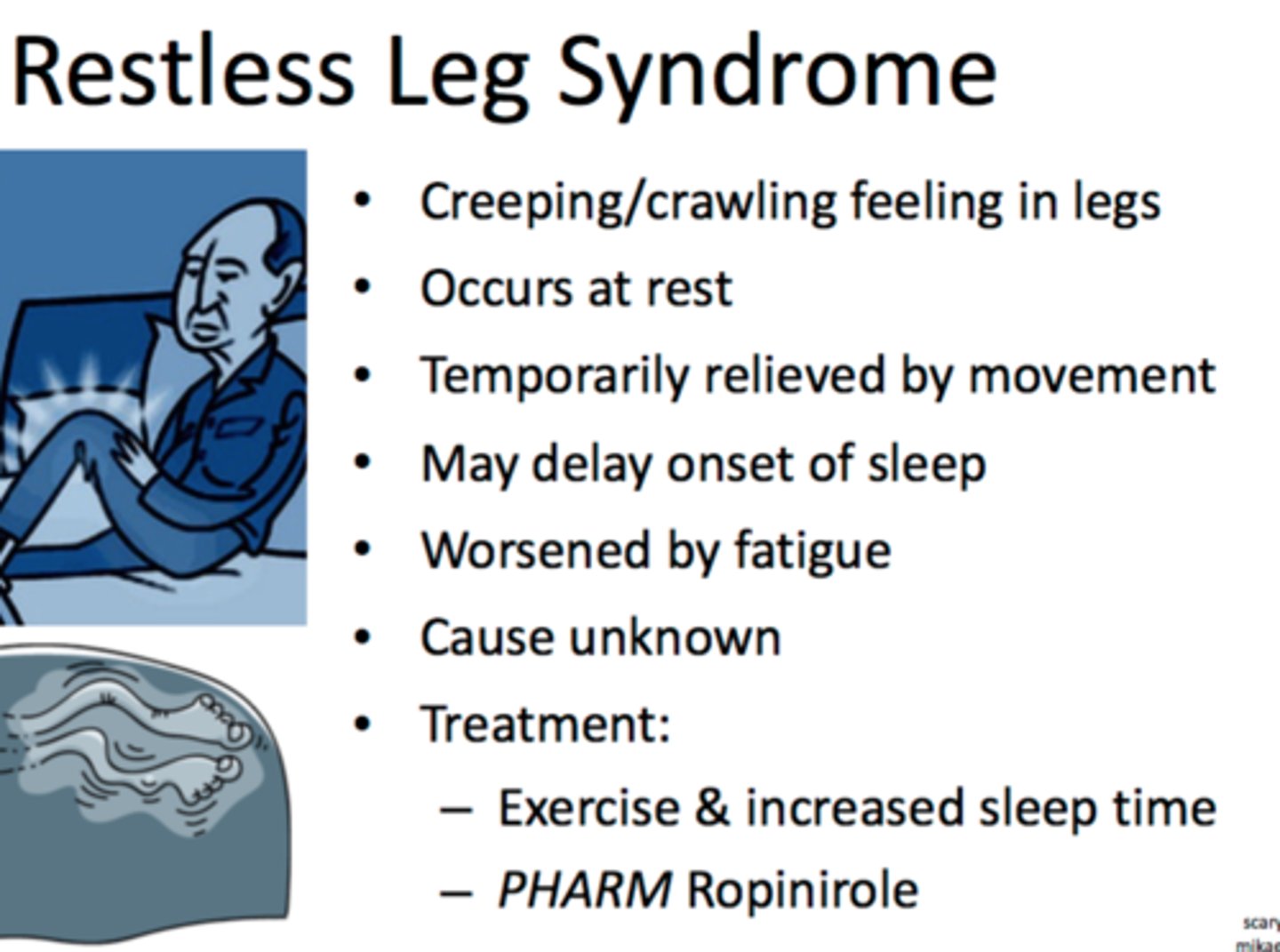 <p>pramipexole (Mirapex)</p><p>for restless leg syndrome</p><p>MOA: D2 receptor agonism</p><p>ADE: somnolence, dizziness, headache, nausea</p><p>caution: augmentation (higher highs &amp; lower lows), have to increase dose as body tolerates, may increase impulsive behaviors</p><p>- not a 1st line</p>