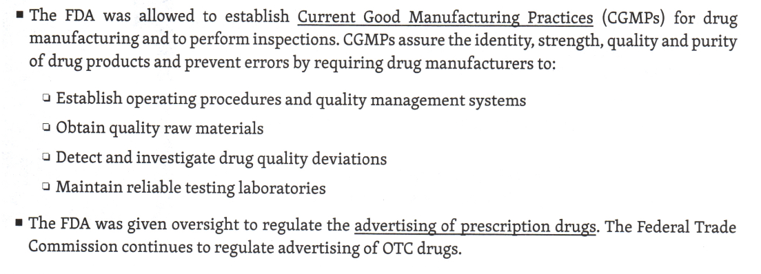 <p><strong>False</strong><br>Kefauver-Harris Amendment (also known as the Drug Efficacy Amendment) allowed the FDA to set good manufacturing practices (GMP) for the industry and mandated regular inspections of production facilities.</p>