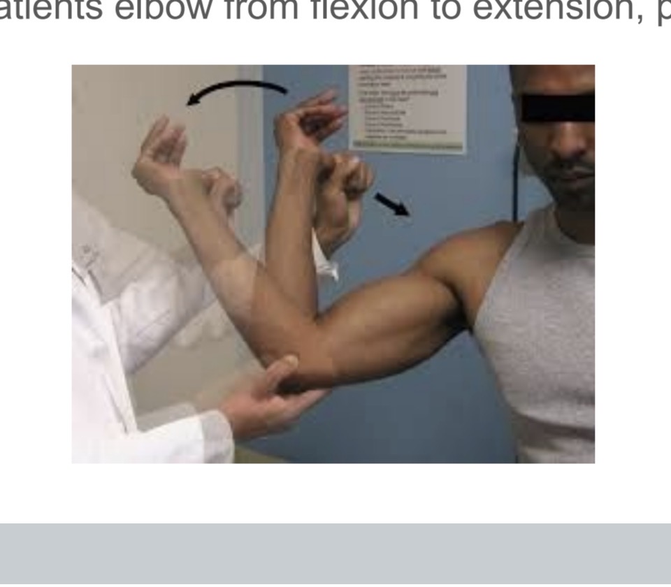 <p>A test where a valgus stress is applied at the elbow while moving from flexion to extension; pain or popping indicates a positive test.</p>