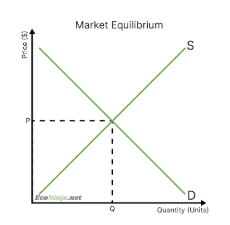 <p>market equilibrium: the exact amount of goods demanded is supplied, we assume markets are at this point unless stated otherwise. </p>