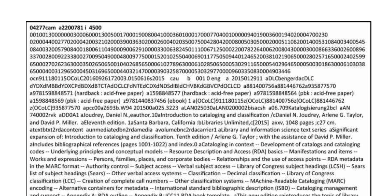 <p>one component of the MARC format; identifies the beginning of a new record and provides coded information for record processing; </p><p>its fixed in length and contains 24 alphanumeric characters that identify things like record length, record status, character-coding scheme (UCS/Unicode), encoding level, and the kind of info resource being described (p. 176_ </p>