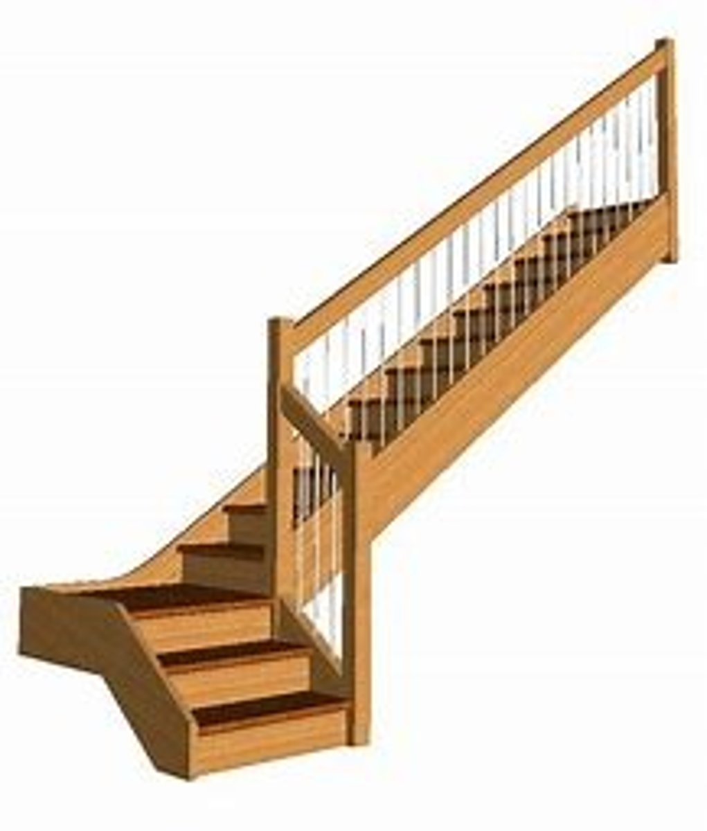 <p>a stair making a right-angled turn, consisting of two straight flights connected by an intervening landing or a series of winders; also called "L stair"</p>