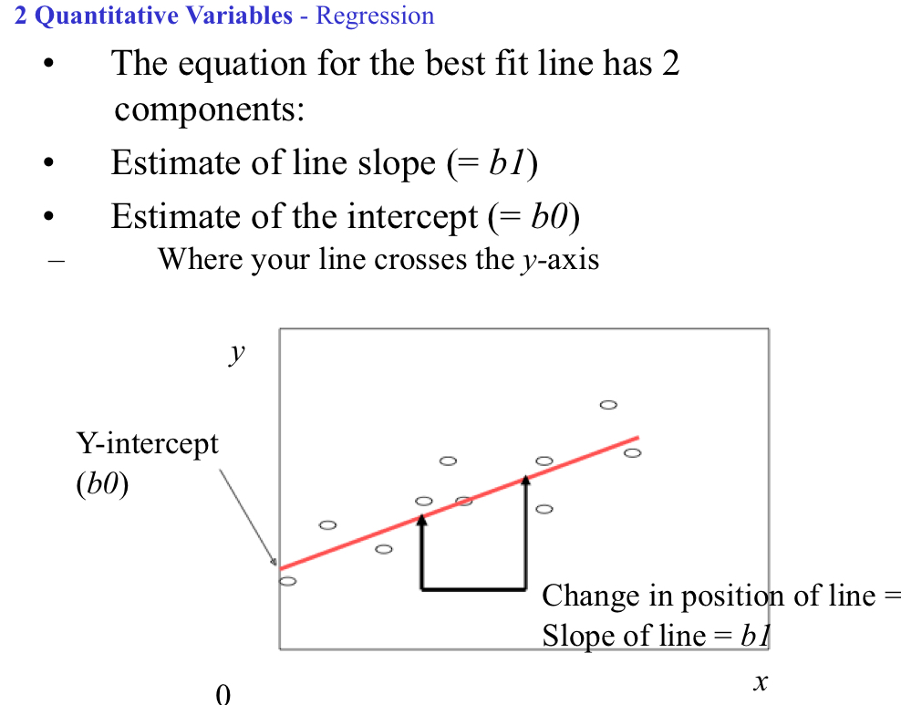 <ul><li><p>Determines the Best Fit Line to the data</p><ul><li><p>Minimizes deviations between line and actual data points vertically </p></li><li><p>Equation: Y= b0 + b1x</p><ul><li><p>Estimate of line slope= b1</p></li><li><p>Estimate of the y intercept= b0</p></li></ul></li></ul></li></ul>