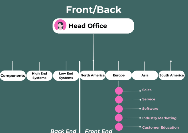 <ul><li><p>Strategic grouping structure that divides customer facing vs non-customer facing business units</p></li><li><p>Front End - customer-facing and organized by market (ie. geography, customer segment) such as marketing, sales, customer service, etc.</p></li><li><p>Back End - organized by product and forms business units (ie. production, accounting, logistics, etc.)</p><ul><li><p>Pros: build close customer relationships in the front end while also developing deep technical expertise in the back end, less complex than matrix structure</p></li><li><p>Cons: fragmentation of technical expertise, poor integration between market needs and technology development, hard to ensure synergy and integration between front and back</p></li></ul></li></ul><p></p>