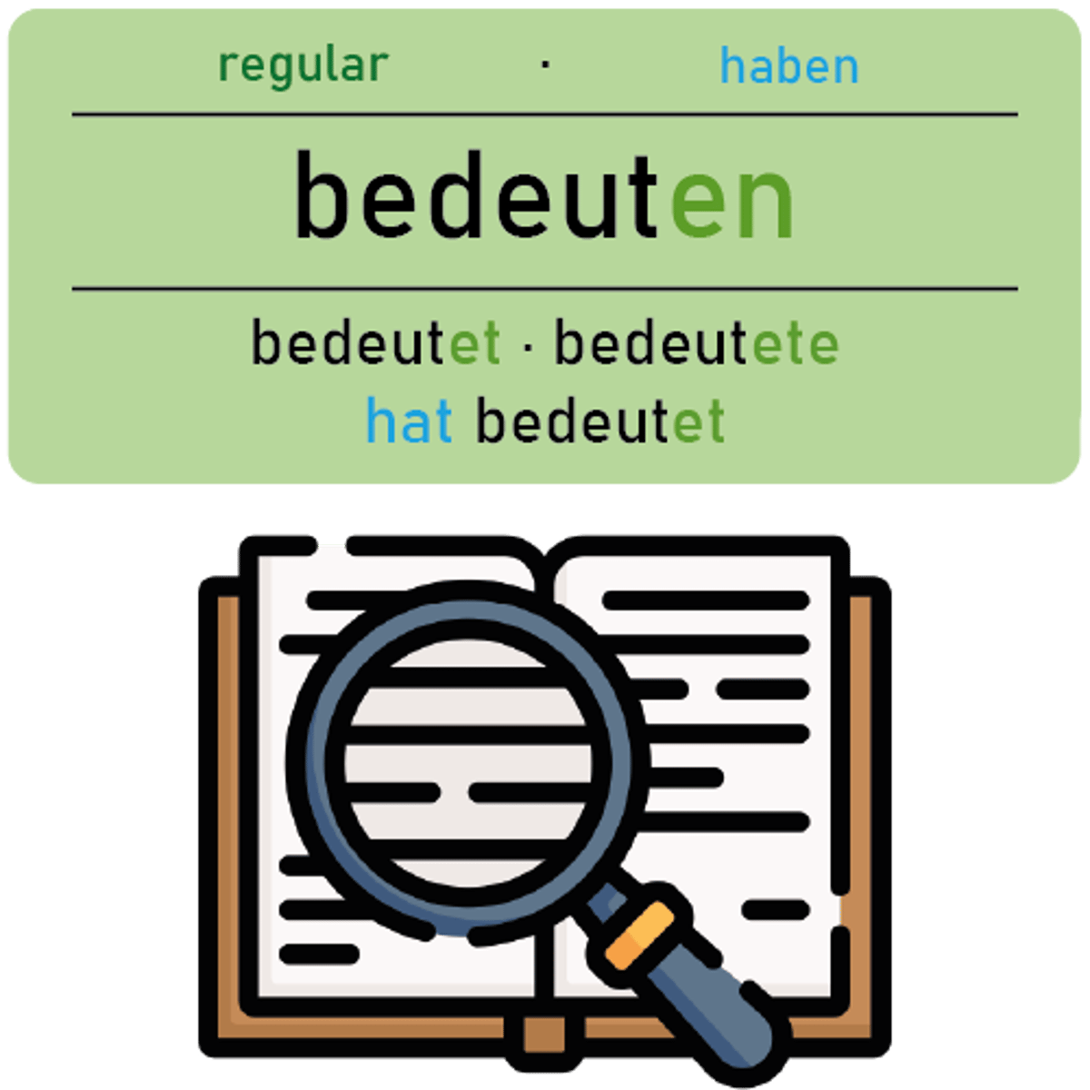 <p><strong>bedeuten</strong></p><p><em>(Dat., Akk., für+A)</em></p><p>‎ </p><p>Was <u>bedeutet</u> dieses Wort?</p><p><em>(What does this word mean?)</em></p>