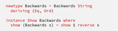 <p>We can use newtype when dealing with wrapper types (data type with one constructor, and the constructor has only one parameter). It tells compiler to treat the given data type as the type of the parameter, being slightly more optimised than using data. </p><p></p><p>Can also allow you to have multiple instances for a given type. For example, show already has instance for string. If we wanted to have our own implementation, can use newtype as shown in the picture:</p>