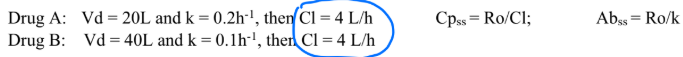 <p>If Drugs A and B are infused at the same R<sub>0</sub>, what value will be the same?</p><p>a. A<sub>bss</sub></p><p>b. C<sub>pss</sub></p><p>c. both a and b</p>
