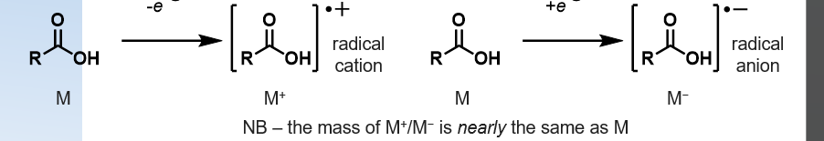 <p><u>electron ionisation( electron impact )</u></p><ul><li><p>hard technique </p></li><li><p>generates a radicle cation or anion </p></li><li><p>usually results in lots of fragmentation ( daughter ions ) </p></li></ul><p></p>