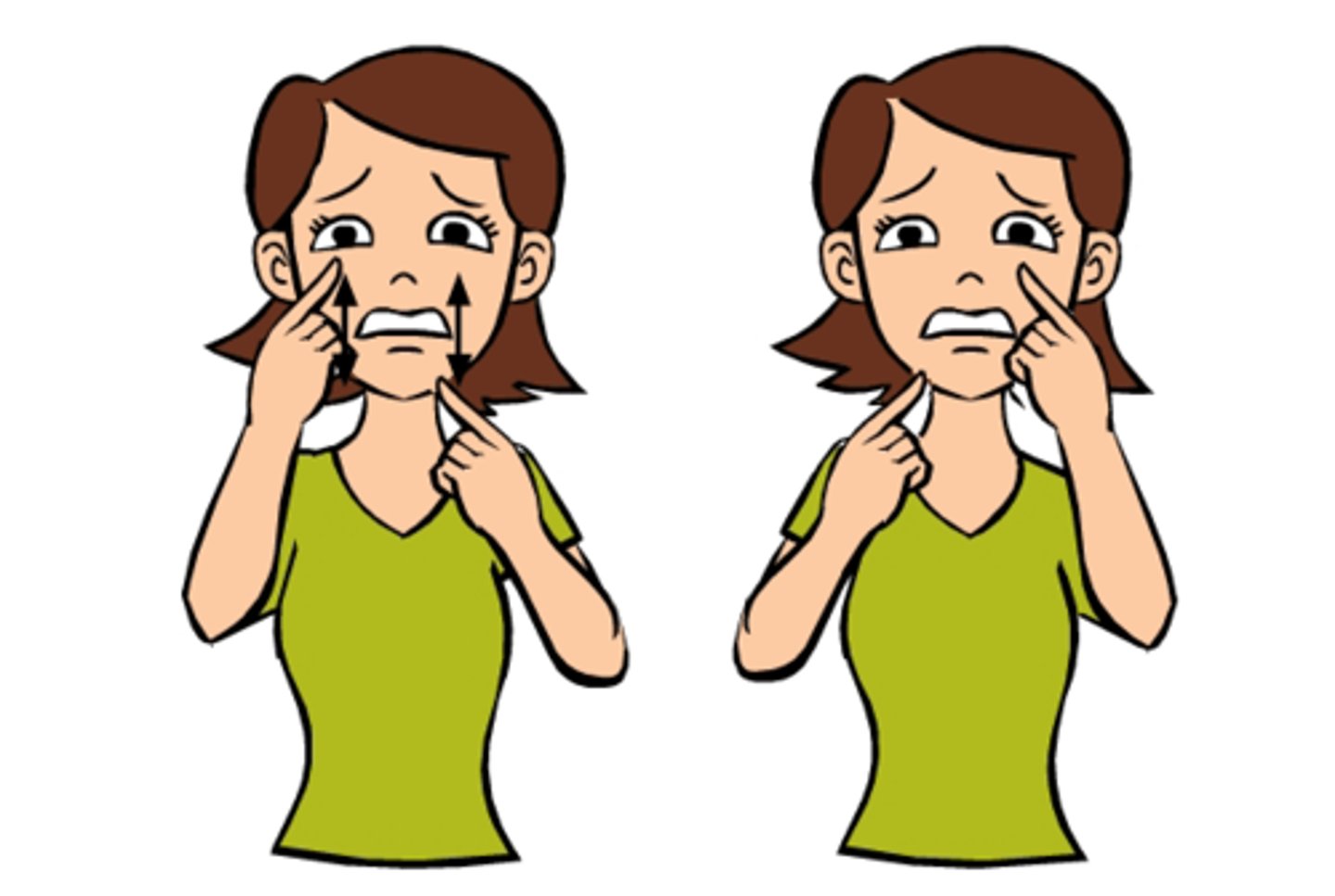 <p>Make a sad face and trace imaginary tears using your index fingers. Start with your index finger extended, just below your eye, and move the index finger down your face.</p><p>With emotion based signs, making your face look unhappy and projecting real emotion helps people understand the meaning.</p>