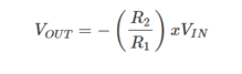 <p>In this configuration, the same current flows through R2 to the output. Ideally, current does not flow into the operational amplifier’s negative terminal due to its high ZIN. The current f lowing from the negative terminal through R2 creates an inverted voltage polarity with respect to VIN.</p>